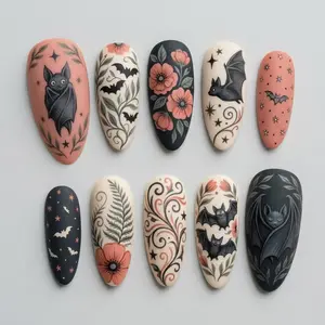 Gothic Bat Press On Nails, Bat Floral Nails, Dark Cottagecore Nail Set, Spooky Cute Bat Nails, Hand Painted Witchy Almond Nails