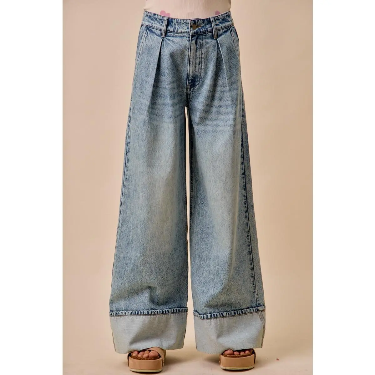 SO ME Mid Rise Plated Wid Leg Denim Jean
