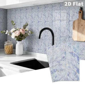 10PCS GST Iridescent Light Blue Herringbone PE Crystal Foam Tile Stickers Color Box Waterproof Oil-Proof Anti-Collision Peel and Stick Backsplash for Kitchen Bathroom