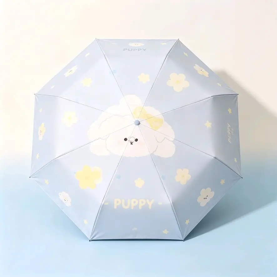Cute Puppy Folding Umbrella, Portable Mini Travel Parasol, Sun & Rain Dual Use Lightweight Pocket Umbrella for Women Girls Kawaii Gift