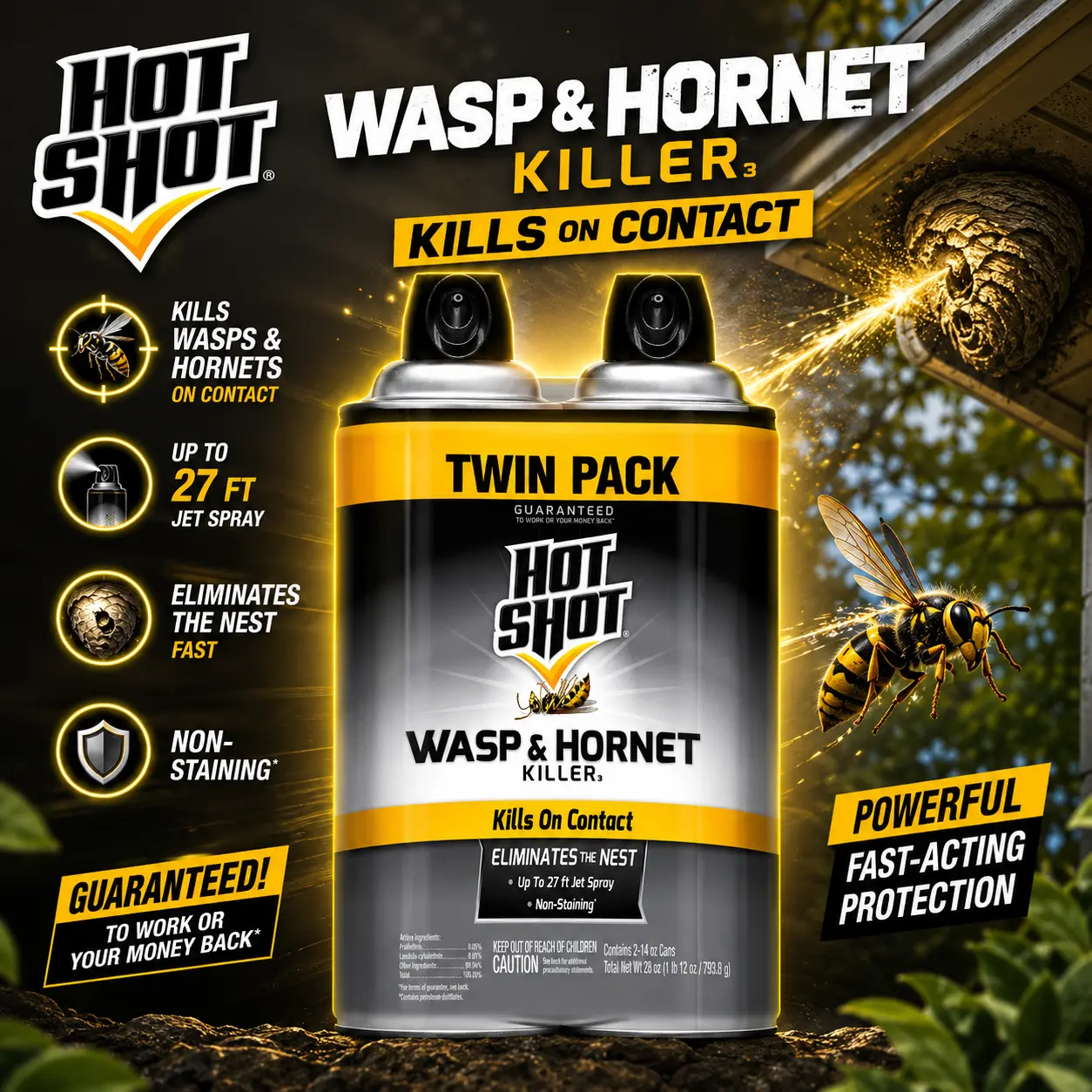 Hot Shot Wasp and Hornet Killer Aerosol - 2-Pack, 14oz, Up to 27-ft Jet Spray, Outdoor Pest Control, Home Pest Control Supplies, Hornet Spray