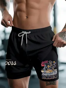 Men's Cross & Letter Print Shorts, 2-In-1 Drawstring Waist Design, Loose Fit with Pockets, Ideal for Summer, Anime Graphic Gift