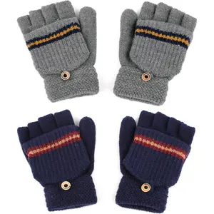 L-BN062    Kids Winter Knitted Mitten Gloves Convertible Fingerless Gloves with Cover for Teen Boys Girls Aged 5-10, 2 Pairs