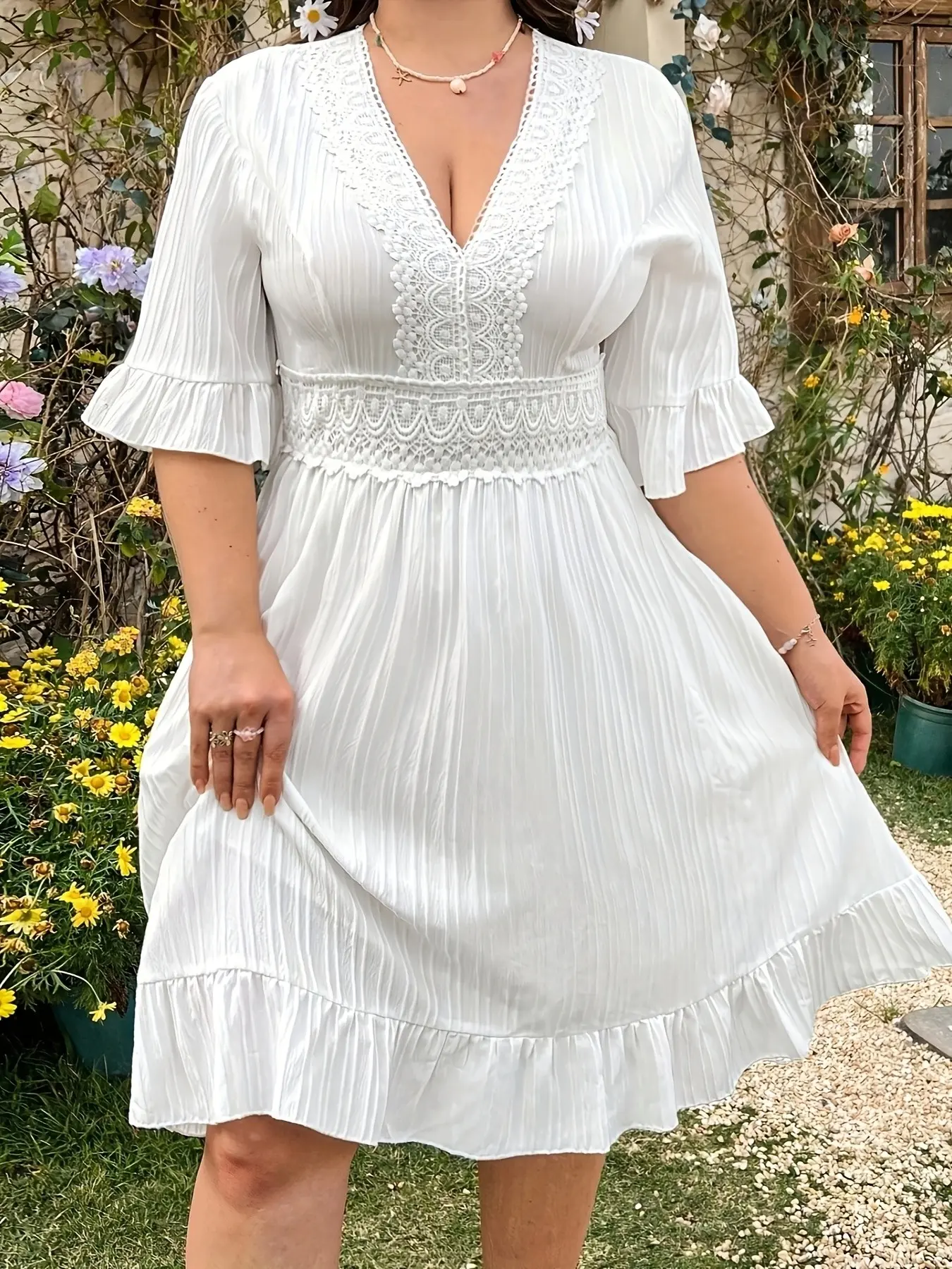 long white lace backless dress White Long Lace Scoop Neck Dress With Lace Up Back main image 1