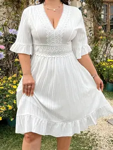 Women's Summer Plus Size Elegant Lace Patchwork Ruffle Vneck Dress, Midi Length Half Sleeve Plain Design, Loose-Fitting Woven Fabric for All Seasons
