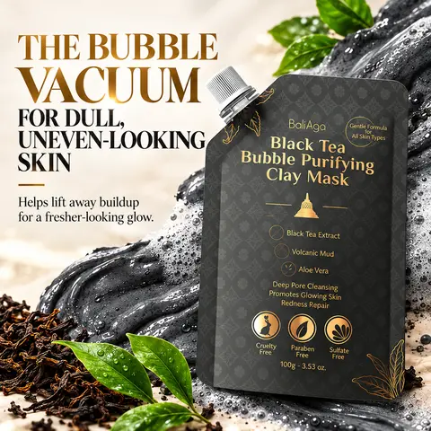 BaliAga Black Tea Bubble Clay Mask – Pore Cleansing Face Mask for Oily Skin, Blackheads & Sebaceous Filaments | Helps Remove Excess Oil & Buildup | Volcanic Mud, Aloe Vera & Centella, 100g