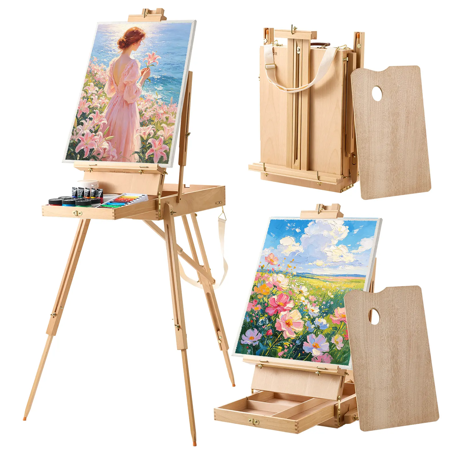 VEVOR French Easel with Legs Foldable and Portable Sketchbox Easel Stand, For Painting, Solid Beech Wood, Holds Canvas up to 33.86", Adjustable Height & Angle, with Drawer, Palette, Shoulder Strap