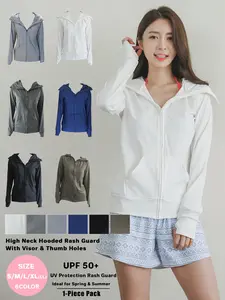 1 Pc Japanese Style Minimalist High Neck Hooded Rush Guard With Brim, Long Sleeve Thumb Hole For Hand Back Protection, UPF50+ UV Block, Quick Dry Stretchy Breathable, Neck & Face Sun Shield, Unisex For Beach, Pool, Surfing & Outdoor Activities