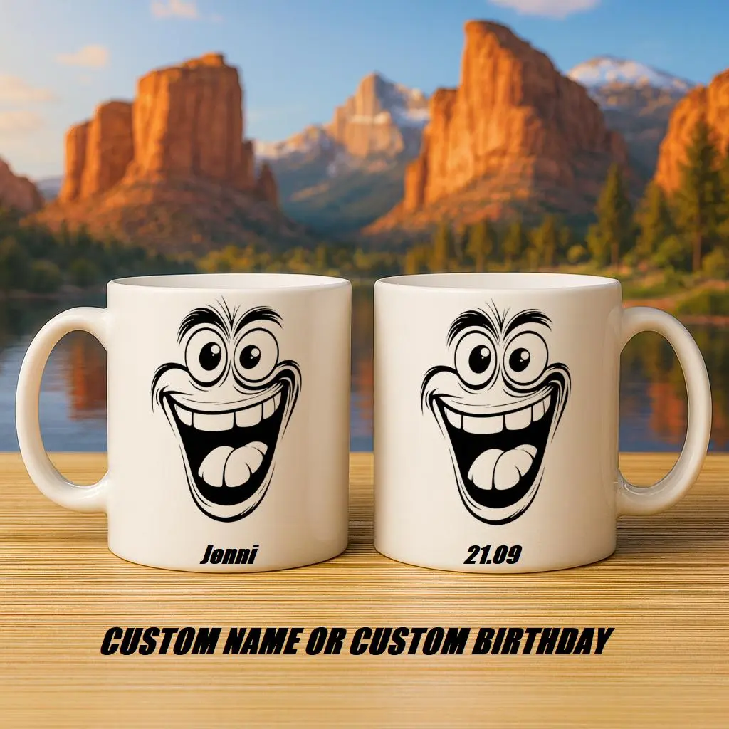 Personalized Funny Face Mug with Custom Name or Date, Minimal Cartoon Smile Design Ceramic Coffee Cup, Unique Custom Drinkware for Home, Office and Everyday Use | Gifts for Kids | Home Decor | Hot Chocolate | Drinks | Novelty Gifts | Office Mugs |