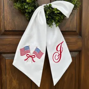Embroidered Personalized USA Flag Wreath Sash, American Flag Door Ribbon, Monogram Letter Sash, Coquette Door Decor, 4th of July Ribbon
