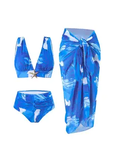 Women’s Slim-Fit Two-Piece Bathing Suit with Asymmetrical Wrap Skirt, Casual Beach with Leaf and Tropical Print for All Seasons, Leaf Print Swimsuit