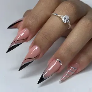 24pcs Long Sharp Round Press-On Nails, Silver Color Gradient Design, Clear Nude Base, Perfect for Office Parties, Nail Art Set