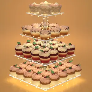 Cupcake Stand with Lights, 4 Tier Cupcake Holder, Light Up Cupcake Stand for 24 Cupcakes, Dessert Table Display Set for Weddings, Christmas, Birthday Parties (Yellow Light)