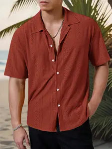 Men's plain high-end short-sleeved shirt with hollow texture, designed with a Cuban collar for a casual and fashionable look, Fitted, suitable for summer, summer casual top, daily men's clothing, men's clothing.