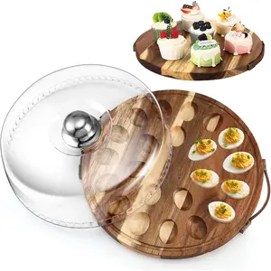 Wood Deviled Egg Platter with Lid 22 Holes Round Deviled Egg Tray Charcuterie Board Food Serving Container Holder for Countertop Easter Party Supplies(Acacia Wood)