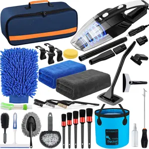 34Pcs Car Cleaning Wash Kit Interior Detailing Cleaner Kit with High Power Handheld Vacuum, Brush Set, Windshield Tool, Duster, Towels, Tire Brush, Complete Car Care Tools