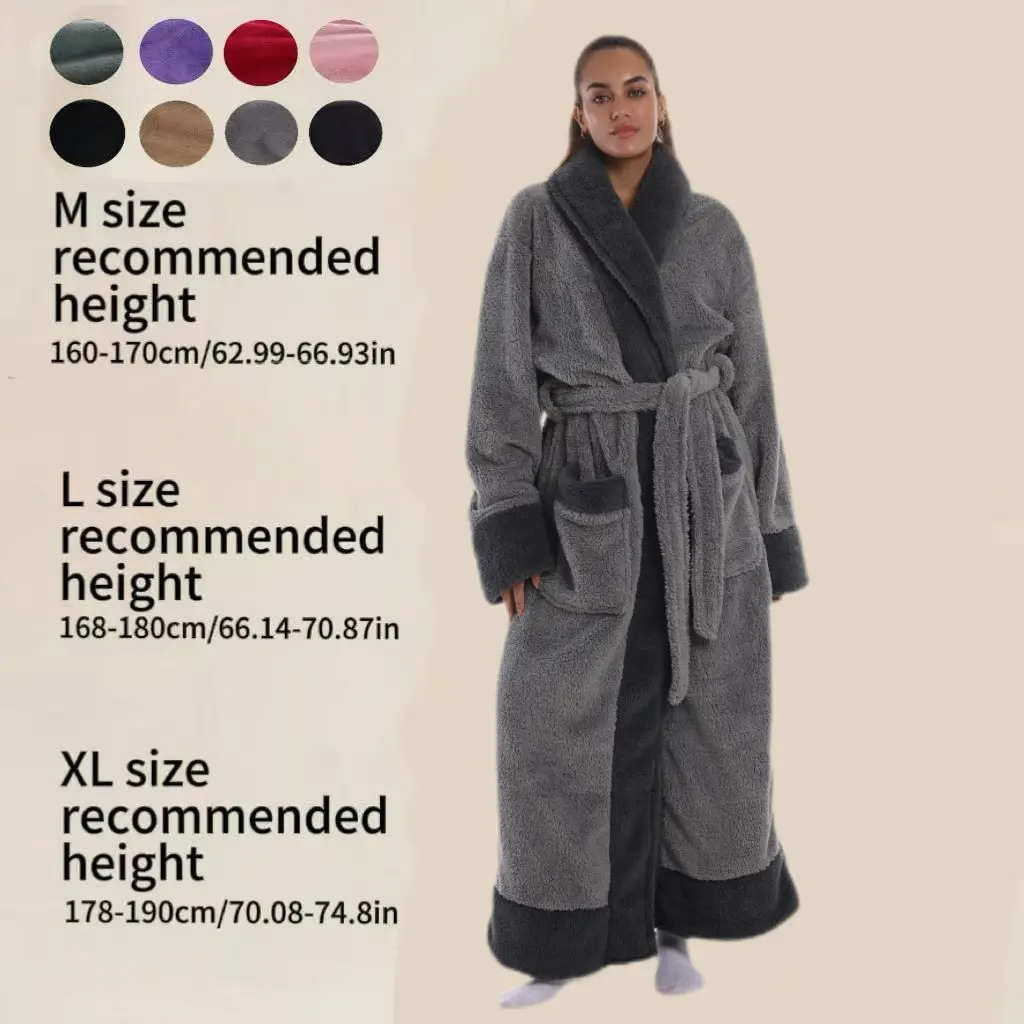 Couple Winter Coral Fleece Bathrobe, Aesthetic Long Tibetan Neck Contrast Color, Long Sleeve, Warm Home Wear, Loungewear, Waist Belt + Pockets, Unisex, Multiple Sizes, Baggy