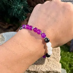 Purple Crystal & Black Gallstone Elastic Bracelet, Brings Serenity & Luck
