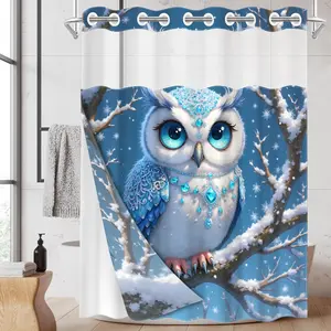 1PC/4PCS 2D Flat Printing Happy Winter Blue and White Owl Snow Scene Patterned shower curtain, home bathroom decor, shower curtain set with 12 hooks, non-slip bathroom rug, U-shaped toilet seat cover, toilet seat mat.