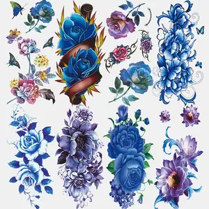 8 Pcs Women's Floral Temporary Tattoos, Waterproof Long-Lasting Blue Peony Rose Design, Perfect for Parties/festivals/daily Wear, Easy to Apply/remove