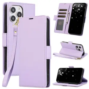 Flip Wallet PU Leather Phone Case For iPhone 16 Plus Pro Max With Wrist Strap Card Slot Stand Cover