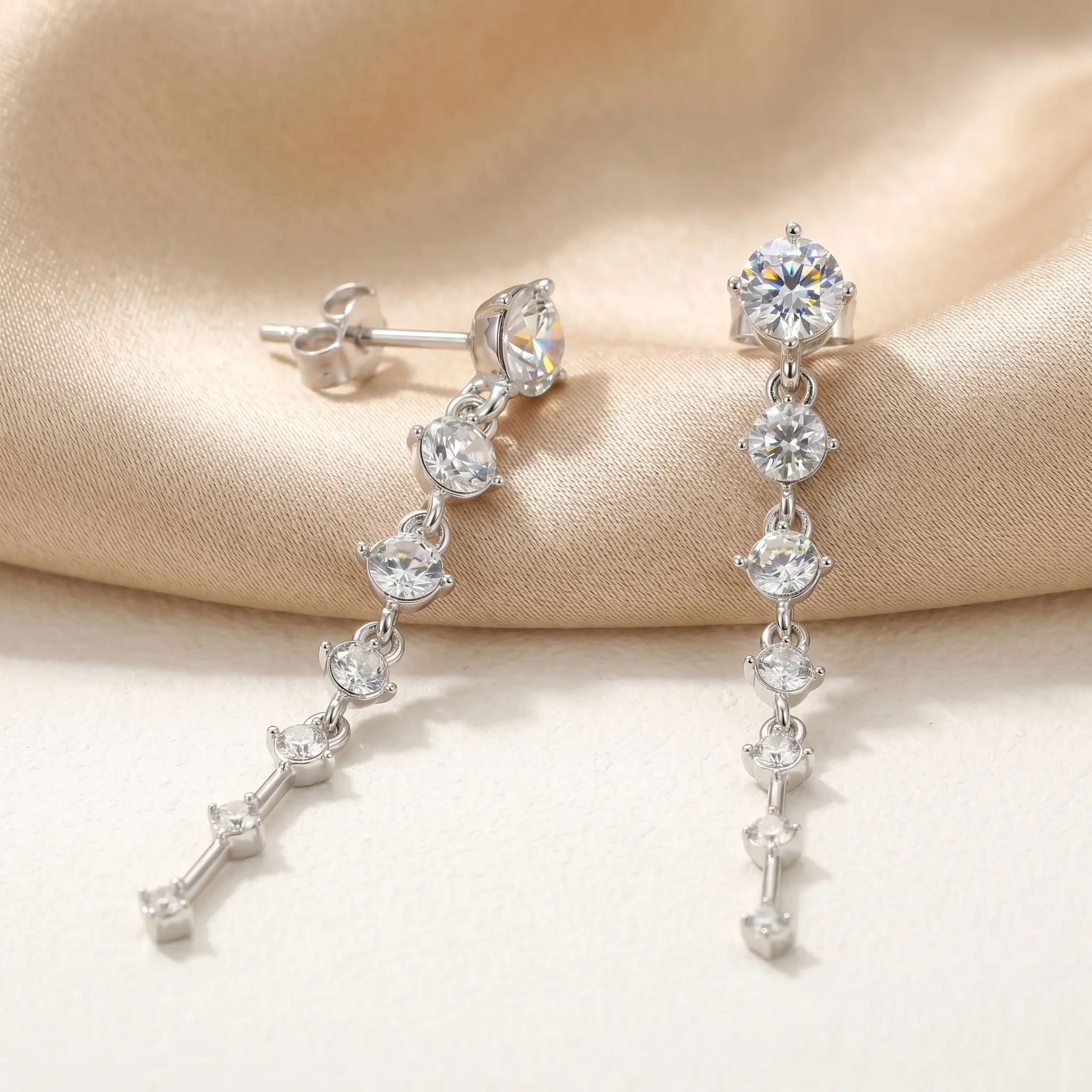 Trendy Silver Graduated Drop Earrings ️ 50mm Sparkling CZ Long Linear Dangle.