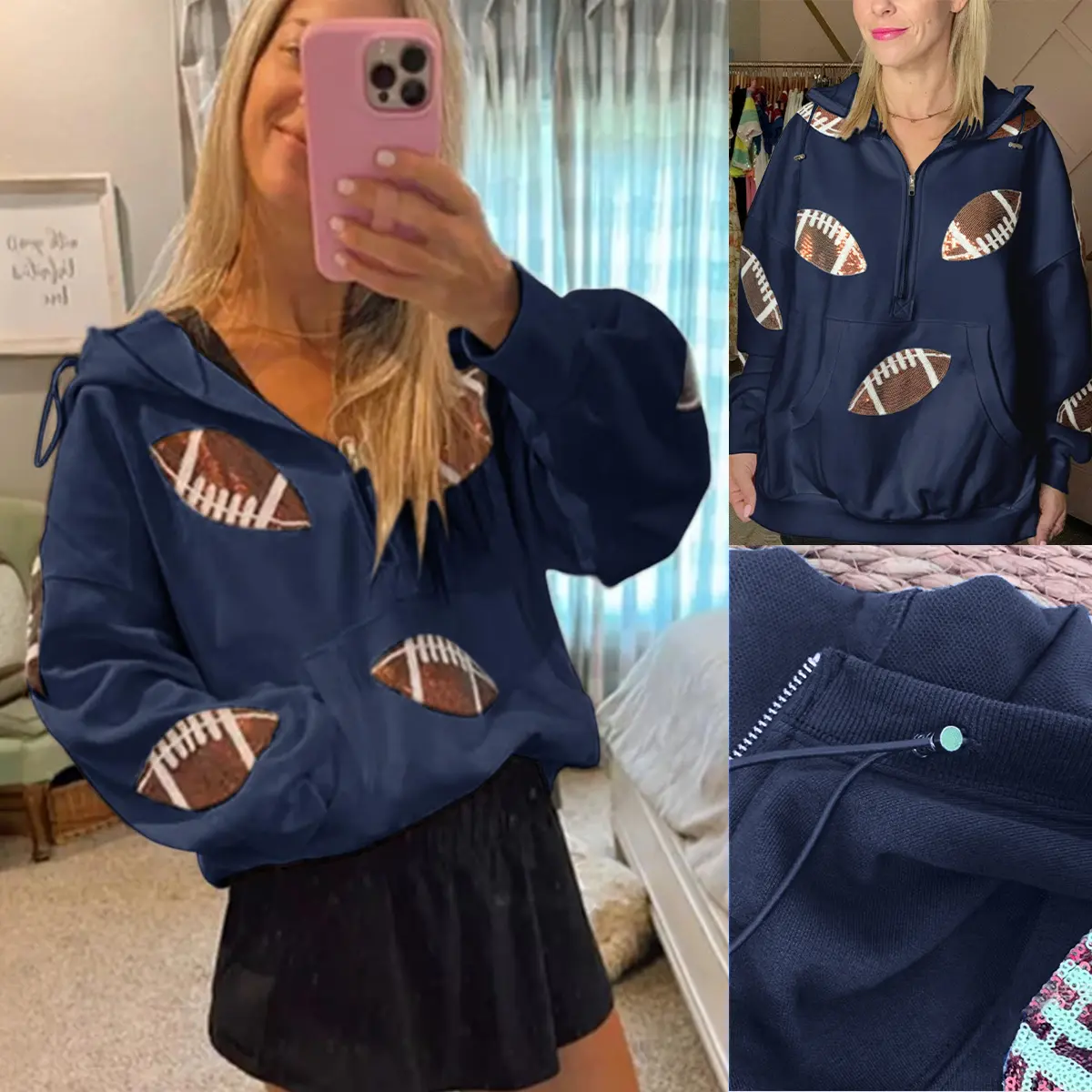 Fional Jolin's Womens Football Sequin Rugby Patches Half Zip Up Fleece Hoodie