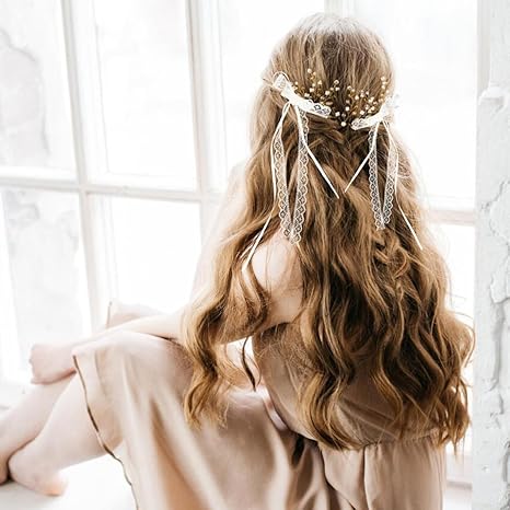 Lace Hair Bow with Long Tail Coquette Bows - Elegant White Ribbon Hair Accessory Hair Ribbons for Women (A Pair)