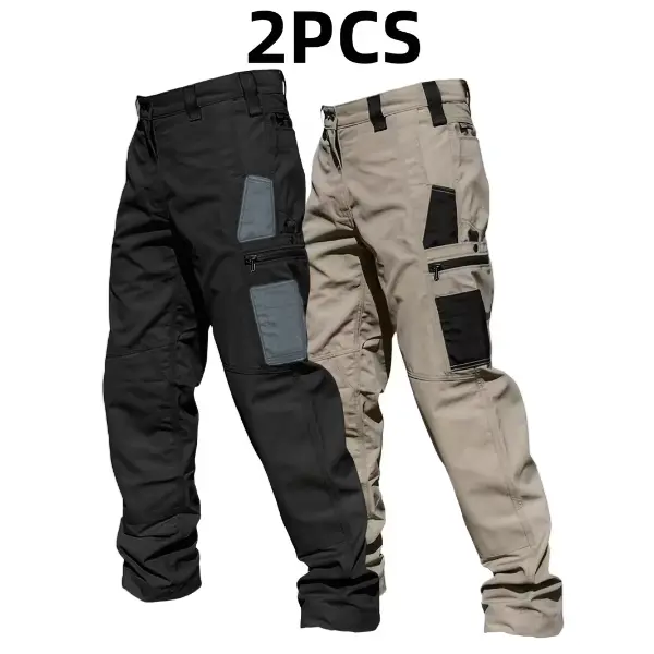 2-pack men’s tactical pants, slightly stretchy waterproof fabric; 1-pack durable hardshell cargo pants with wear-resistant checkered fabric, suitable for hiking, casual wear, and work, featuring a multi-pocket design (belt not included).