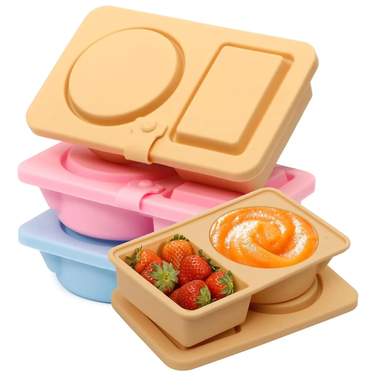 Silicone Reusable Snack Containers with Lids, Stackable Airtight Double Compartment Snackle Box for Sauce, Condiments, Snack, Portable Mini Food Storage Container for Travel, Office, Picnic, Meal Prep Containers
