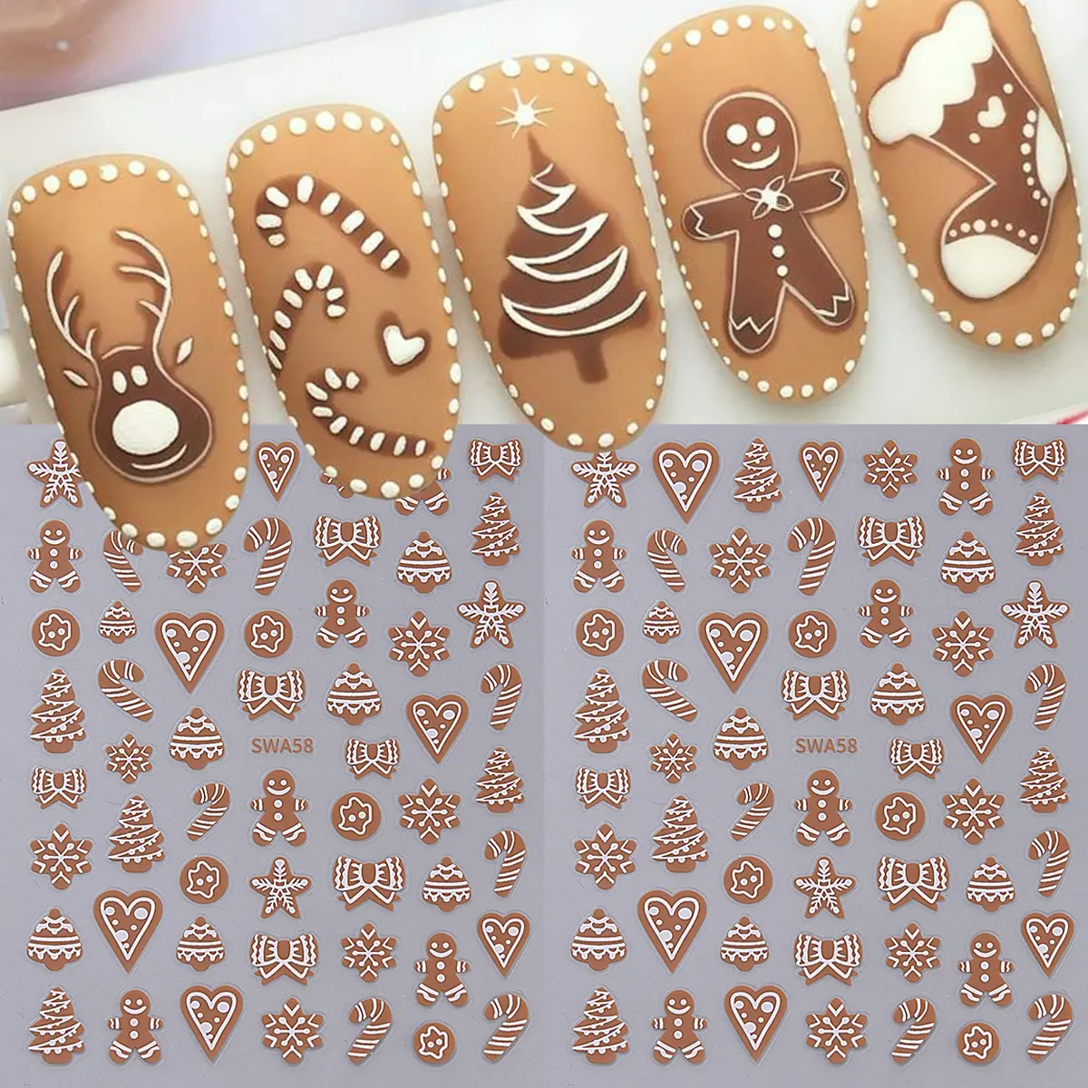 2 Sheets Christmas Nail Art Stickers, Nail Designs, Festive Cute Bow Design Self-Adhesive Winter Decals, Matte Finish Gingerbread Man, Perfect for Women & Girls Holiday Decorations, Nail Decoration Supplies