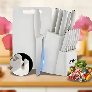 XBJ 15-Piece Stainless Steel Knives & Cutlery Set with Built-in Sharpener, Japanese Meat Chopper, Bread Blade, Scissors, and Washable Pink Silicone Block for Home Kitchen Organization