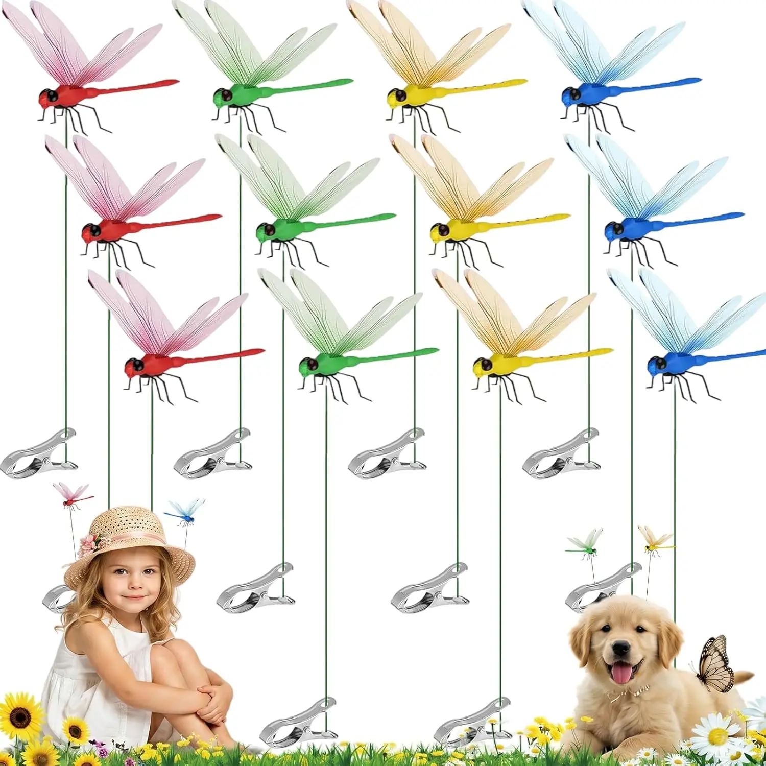 12Pcs Realistic Artificial Dragonfly Clip Set Pack - Versatile Decorative Clips for Garden Stakes, Hats, Both Indoor/Outdoor Home Garden Ornaments, Dragonflies