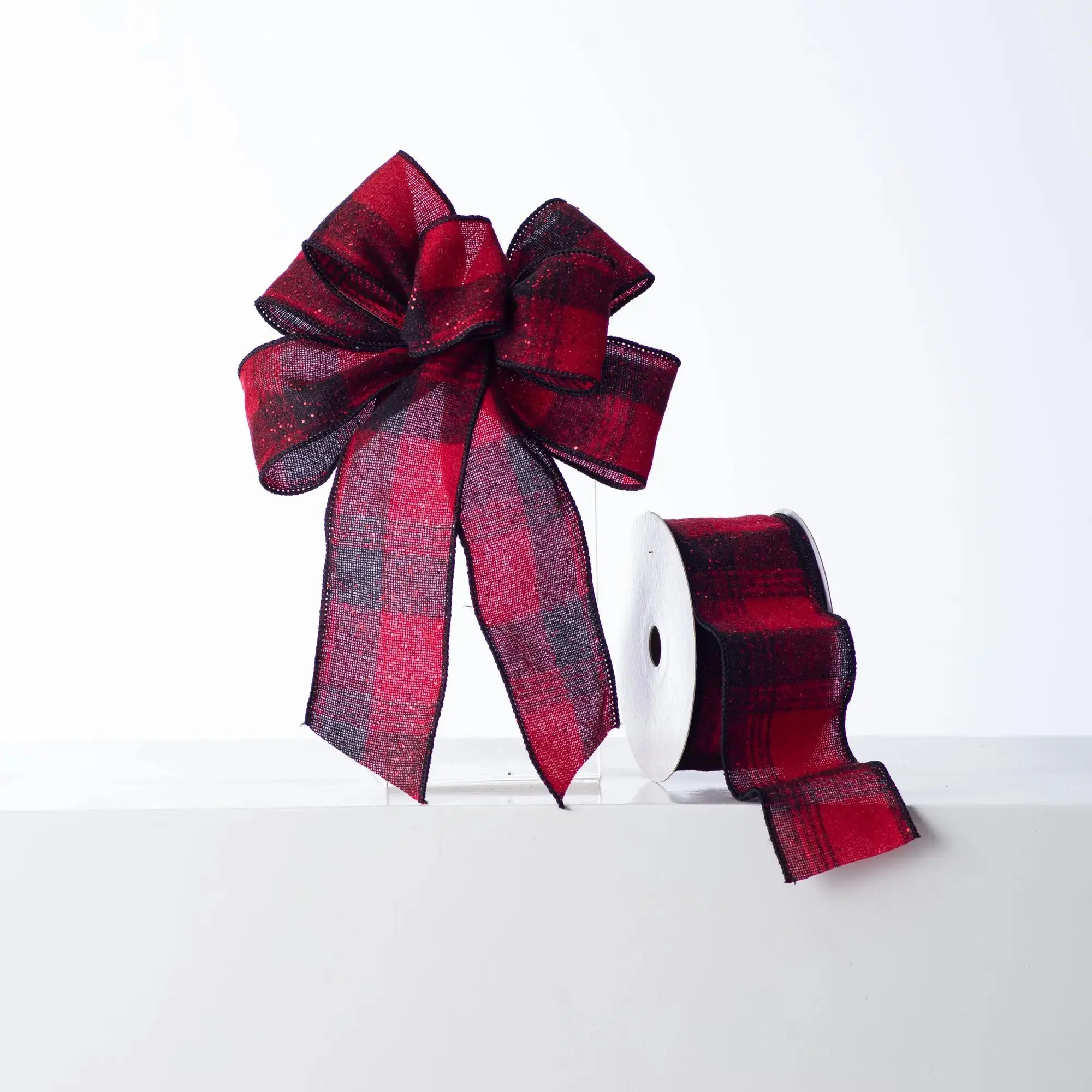 Red & Black Glitter Plaid Pattern Garland Ribbon Set, 12x8 in (12" Long x 8" Wide) Bendable Flannel Ribbon with Hand-Tied Loop Bow and Spool for Home Festive Party Decorations