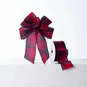 Red & Black Glitter Plaid Flannel Hand-Tied Loop Bow & Spool of Ribbon