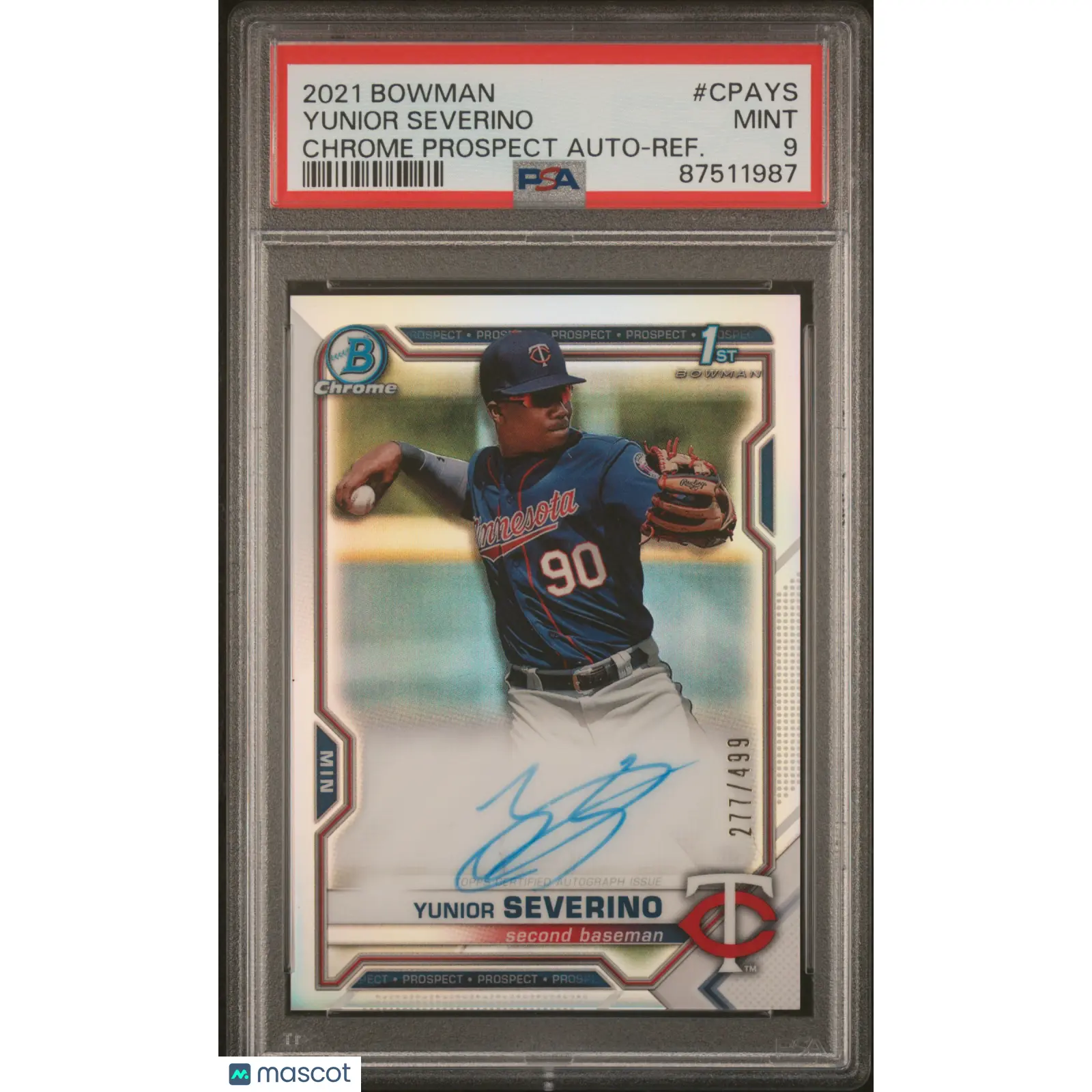 Yunior Severino PSA 2021 Bowman Chrome Prospect Autographs #CPAYS Chrome Prospect Auto Refractor 9