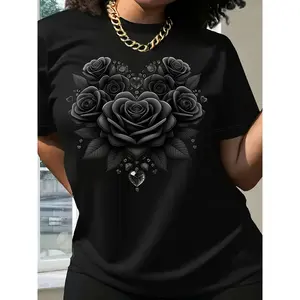 Cotton Short Sleeve  T-Shirt's Elegant Heart-Shaped Rose & Diamond Print T-Shirt - Black Short Sleeve Round Neck CasualLadies T Shirts Crewneck Top Womenswear Collar Summer Chic