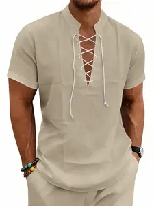 Men's Summer Vintage Casual Linen Shirt, Washed Crinkle Belted Stand Collar Short Sleeve T-Shirt, American Style Retro Fashion Top