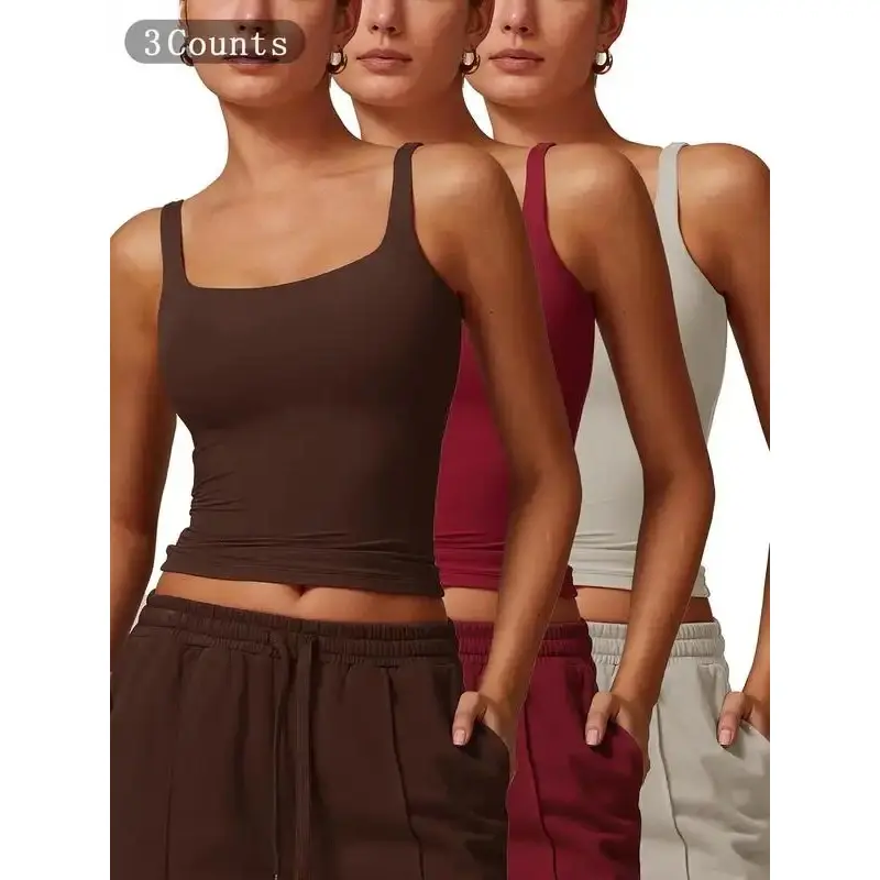 Women's Solid Color Sports Singlet with Built-In Bra Cups, High Stretch Breathable Quick Drying Sports Bra for Yoga Gym Workout Fitness, Ladies Sportswear for Indoor Wear
