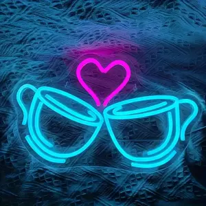 Heart-shaped Detail Neon Coffee Cup Light, Plastic Material, Non-dimmable Switch Control, Multi-functional Wall Decoration, Suitable for Kitchen, Cafe, Restaurant, Store, and Party, USB Powered Single-color Neon Light