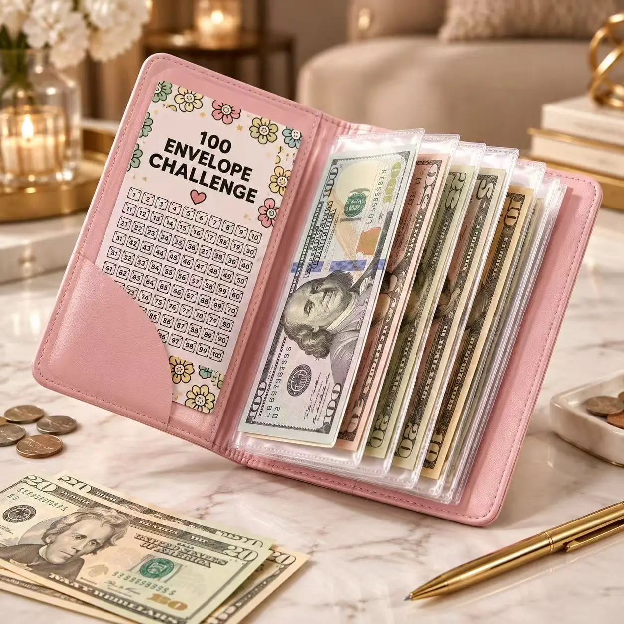 Women's Checkbook Binder Savings Organizer - Home Storage Accessory with 1 100-Day Card, Weekly Budget Planner, Fashion Wallet, Card Case, Check Holder for Money Tracking & New Year Savings Goals (Pink)