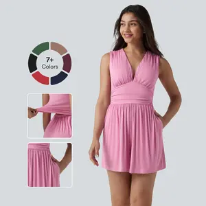 【Creator’s Pick】Halara Ribbed V-neck Sleeveless Ruched Built-in Bra Casual Romper with Pockets-Easy Peezy