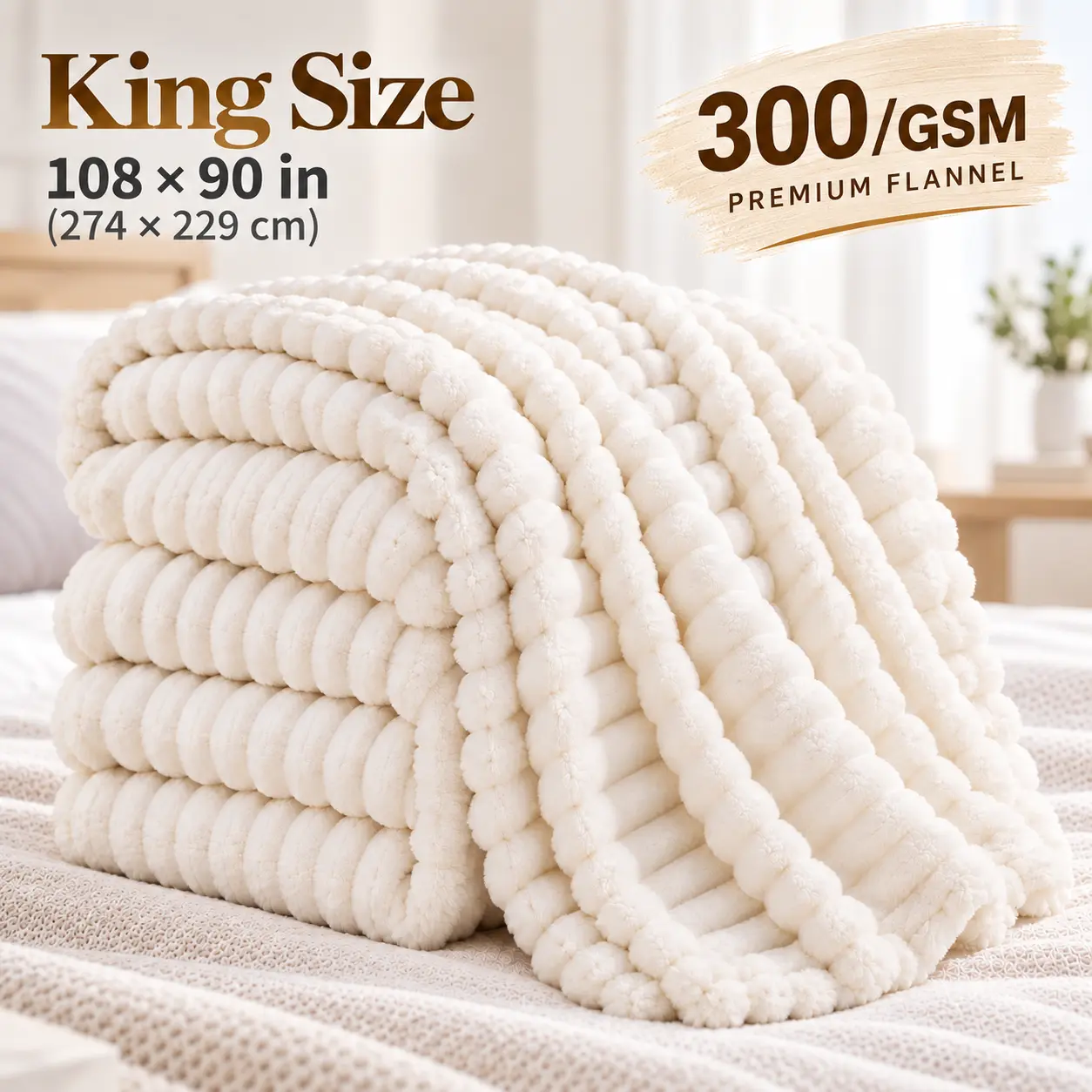 300 GSM King Size (108in x 90in) Thick Soft Warm Fleece Flannel 3D Stripe Plush Oversized Fluffy Statement Blanket - Ultra Cozy Lightweight All-Season Bedding for Bed, Couch Home Decor with Soft Blanket Vibes