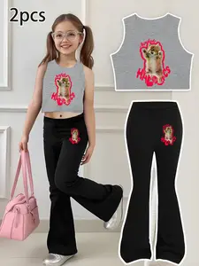 Girls' Summer Trendy Cat Print Camisole & Comfortable Bell Pants Set, Casual Loose Fit, Geometric Pattern, Unisex Kids Clothing Gift