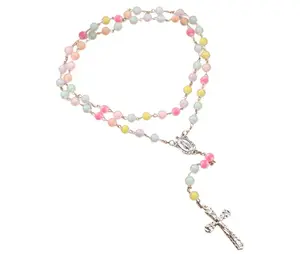 Catholic Rosary Candy Texture Beaded Cross 31 Inches Colorful Virgin Mary & Jesus Pendant for Baptism Gift Religious Fashion Accessory Decor Ornaments