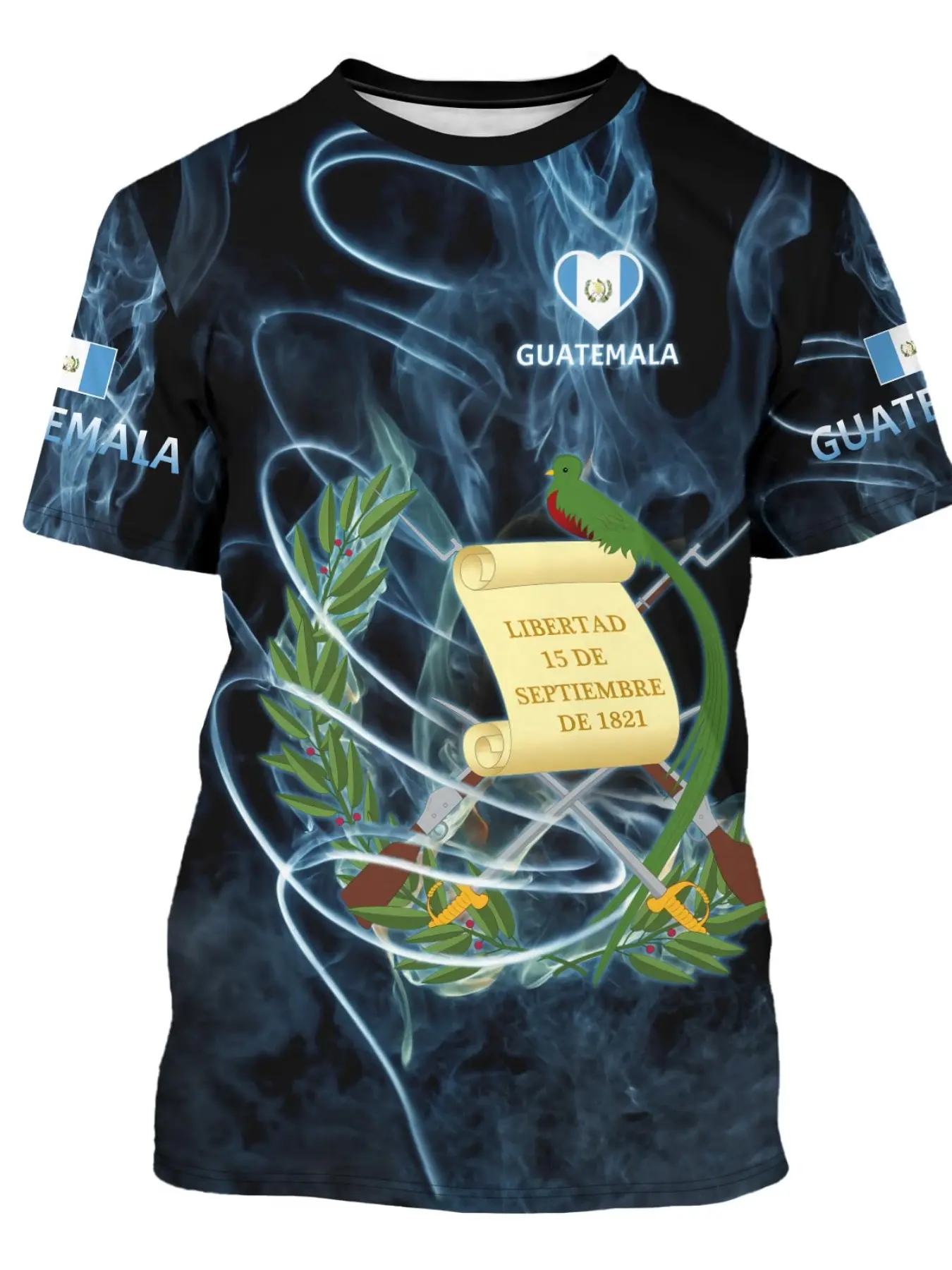Guatemala Flag Round Neck Short Sleeve Fitted T-Shirt, Menswear Casual Sporty Ethnic Geometric Design, Elastic Polyester Blend Fabric, Daily Fan Essential