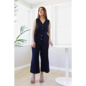 Petite Linen Blend Belted Wide Leg Jumpsuit (Black)