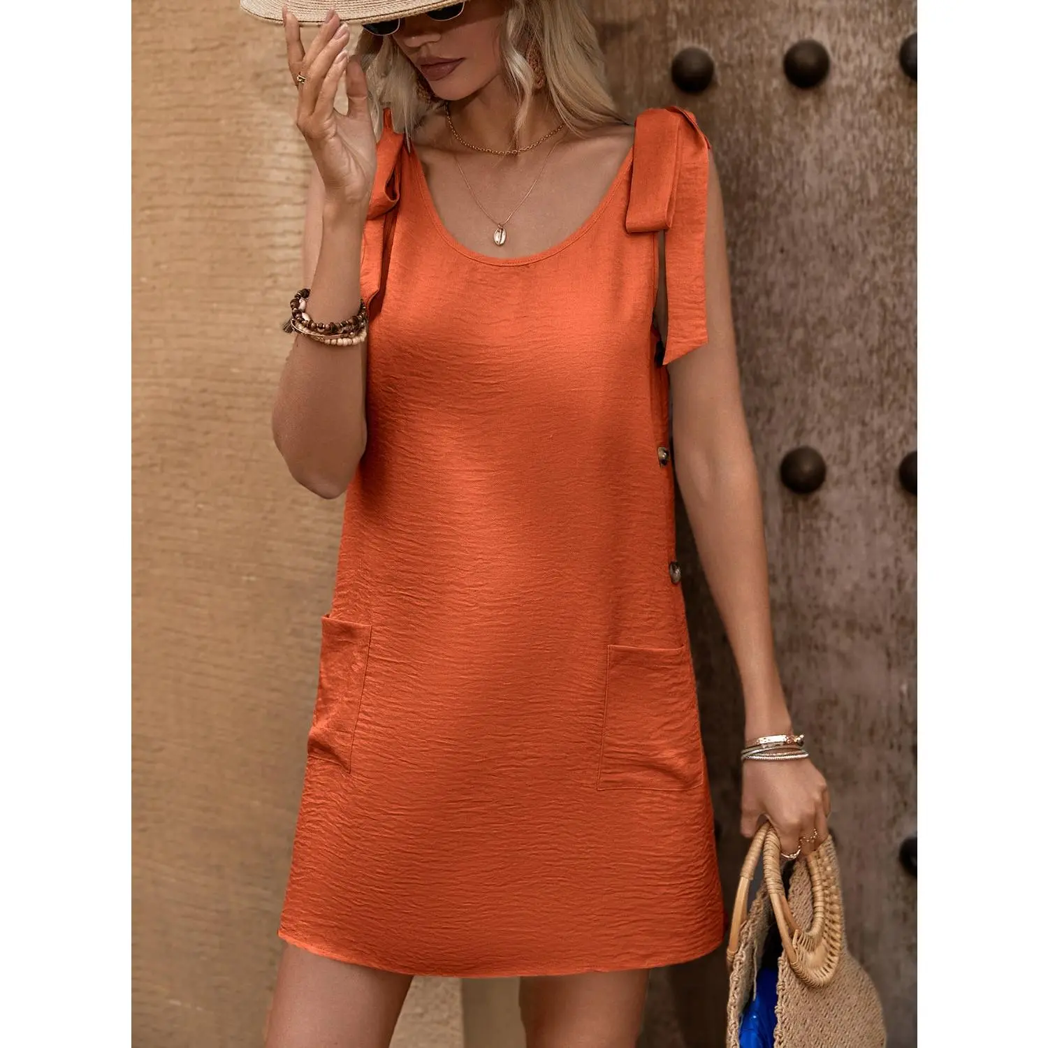 Ivy Lane Scoop Neck Tie Shoulder Mini Dress