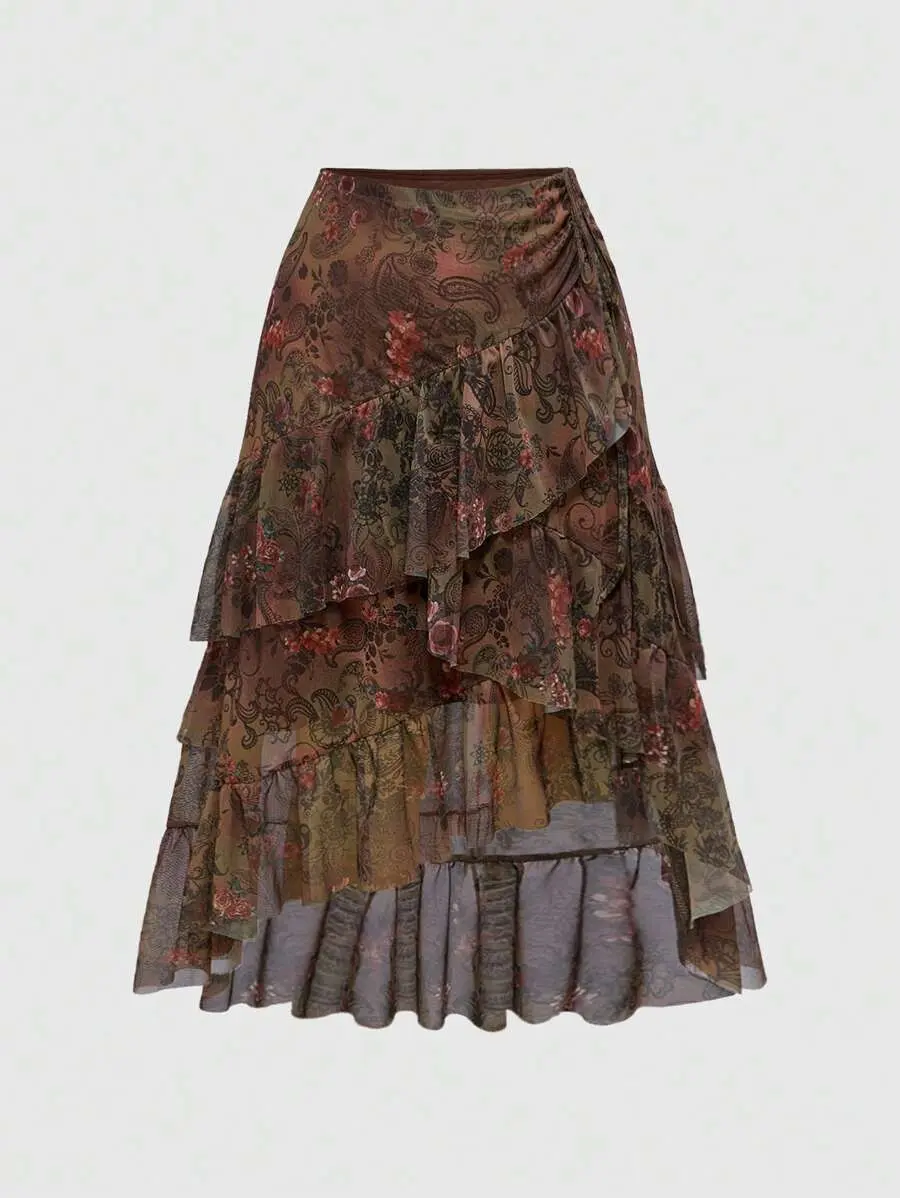 ARDEN x Hippie Spring/Summer Boho Paisley Print Ruffle Hem Layered Women Skirt