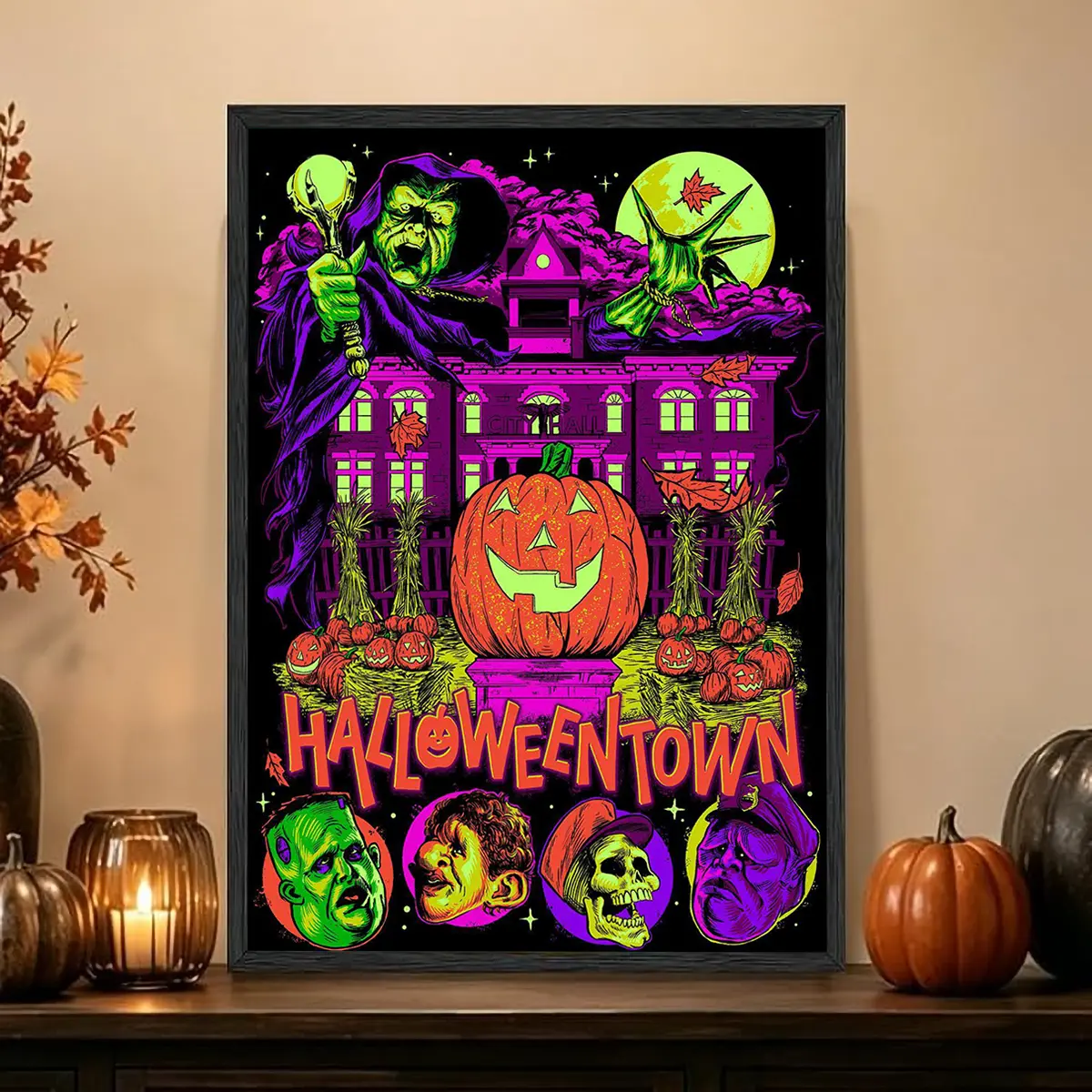 Neon retro Halloween town spooky witch haunted house pumpkin horror pop art minimalist artistic hanging artwork, 2D flat print canvas wall art poster, holiday bedroom decor, perfect gift for a teen’s bedroom, Halloween party home wall decor